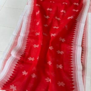 লাল জমি সাদা পাড়ের সিলেটের ঐতিহ্যবাহী অরিজিনাল হ্যান্ডলুম কটন শিউলী ফুল মোটিফ শাড়ি